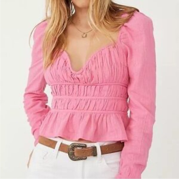 Free People Tops - NWT Free People Chloe Pink Smocked Tie Back Blouse Puff Sleeve Crop Top S